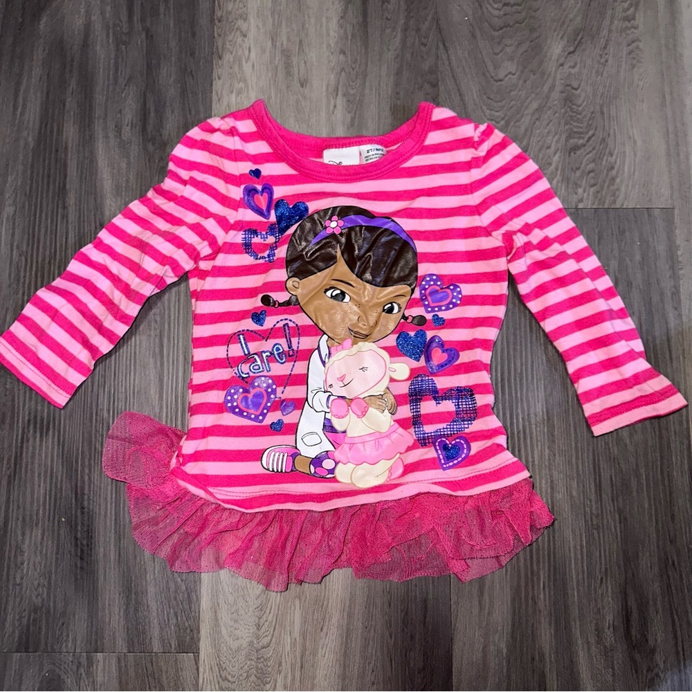 Girls Disney Doc McStuffins Care Pink striped Purple Heart Tulle Dress Sz 2T HTF